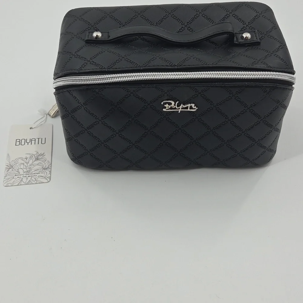Black Checkered Toiletry Bag With Multiple Compartments